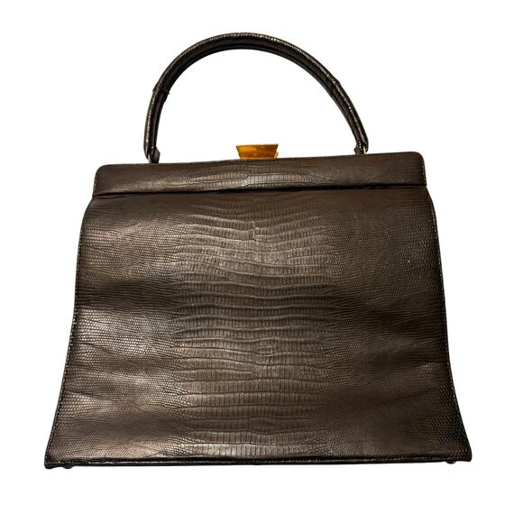 Vtg Crouch & Fitzgerald Black Reptile Leather Handbag with Brass Hardware - Picture 2 of 13